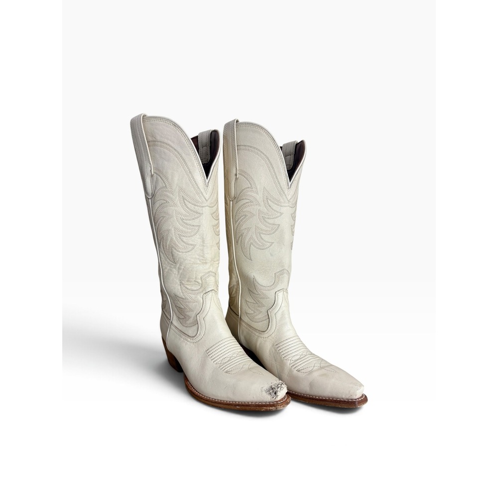 Tecovas White Leather Cowgirl Boots Snip Toe Western Embroidered Tall Flawed